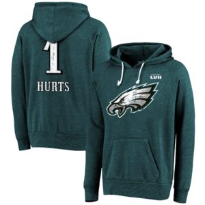 Men's Philadelphia Eagles Jalen Hurts Majestic Threads Midnight Green Super Bowl LVII Name & Number Pullover Hoodie