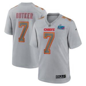 Men's Kansas City Chiefs Harrison Butker Nike Gray Super Bowl LVII Patch Atmosphere Fashion Game Jersey