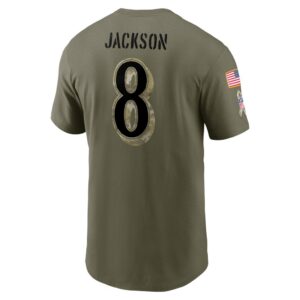 Men's Baltimore Ravens Lamar Jackson Nike Olive 2022 Salute To Service Name & Number T-Shirt