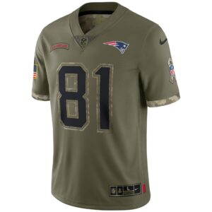 Men's New England Patriots Randy Moss Nike Olive 2022 Salute To Service Retired Player Limited Jersey