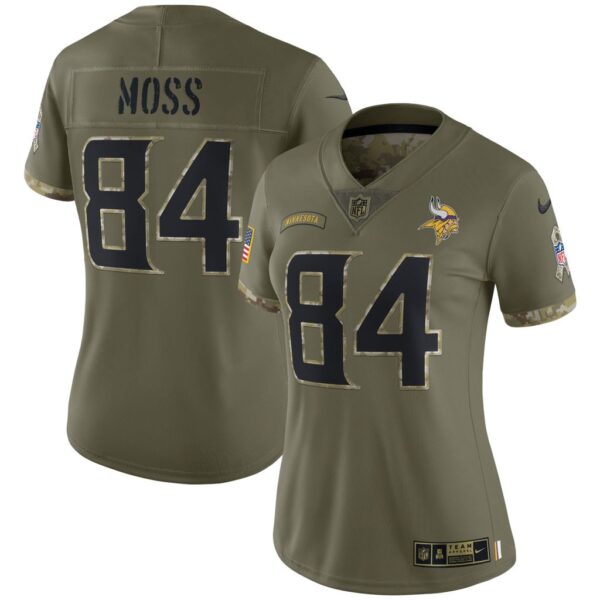 Women's Minnesota Vikings Randy Moss Nike Olive 2022 Salute To Service Retired Player Limited Jersey