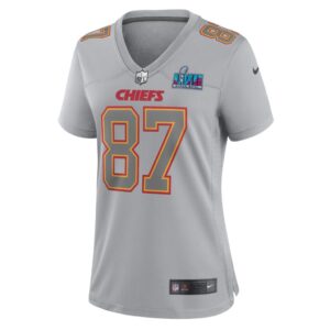 Women's Kansas City Chiefs Travis Kelce Nike Gray Super Bowl LVII Patch Atmosphere Fashion Game Jersey